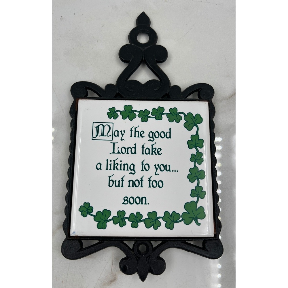 Vintage Papel Irish Blessing Trivet Wall Plaque Cast Iron Shamrock Tile 9x6